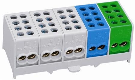 Wago 221 kopplingsklämma med din-skenefäste i färgerna vit, blå och grön.