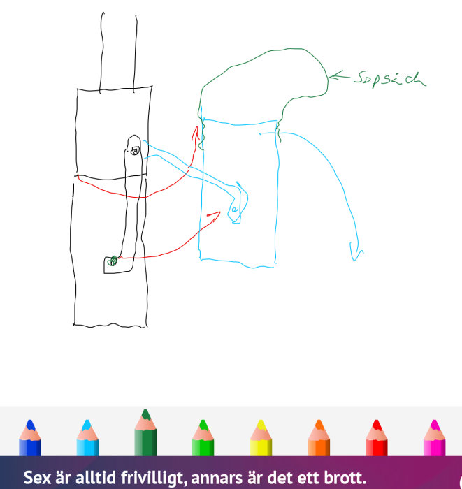 Teckning som illustrerar en hävarmskonstruktion för hantering av spån i en verkstad, med märkning av säck.