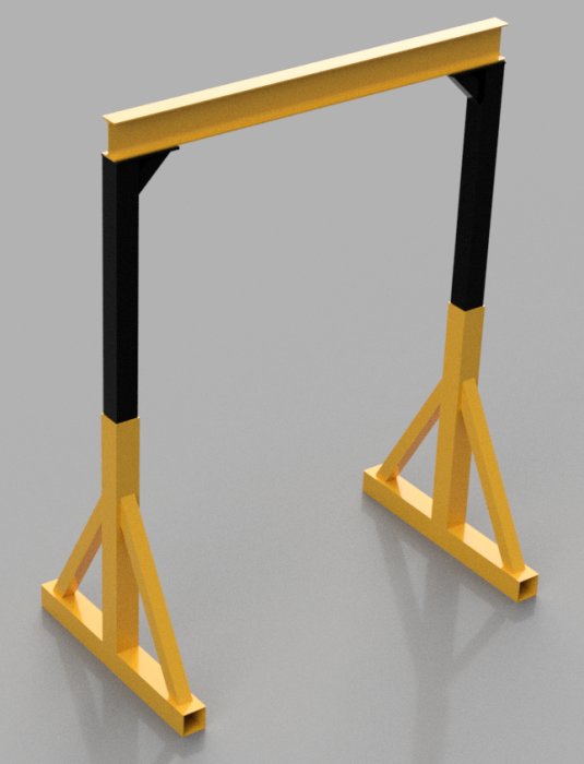 3D-rendering av robust metallställning med tjocka vertikala och horisontella balkar.