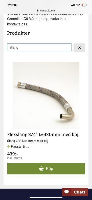 Flexibel slang 3/4 tum L=430mm med böj på en onlinebutiksprodukt sida.