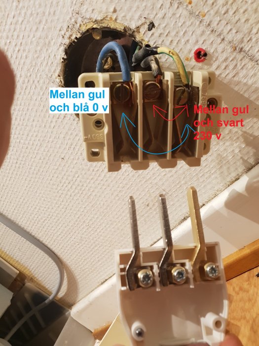 Elektrisk uttag med blå och svart ansluten kabel, anteckningar om spänningen mellan olika kablar.