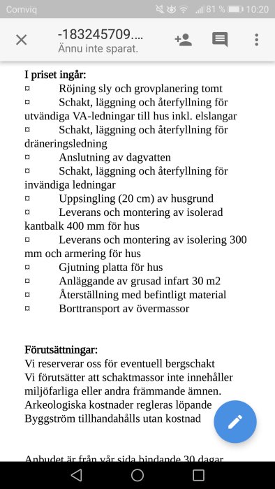 Skärmdump av mobiltelefon som visar en byggoffert med listade tjänster och förutsättningar.