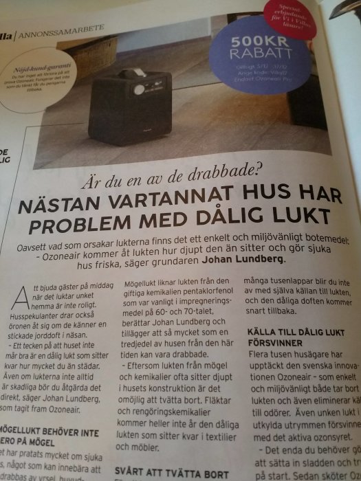 Artikel om problem med dålig lukt i hus med bild på en luktrenare och rubriken "Nästan vartannat hus har problem med dålig lukt".