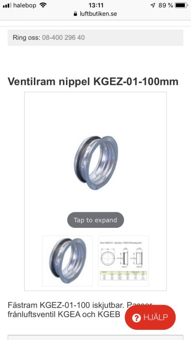 Ventilram nippel KGEZ-01-100mm för frånluftsventil, visas med måttangivelser.