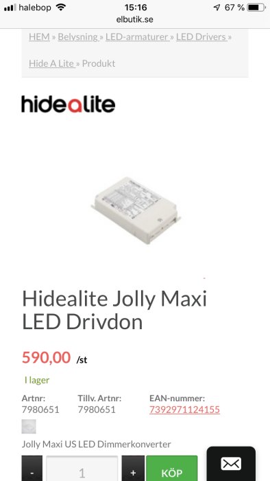 Hidealite Jolly Maxi LED-drivdon på en webshopsida med pris och artikelnummer.