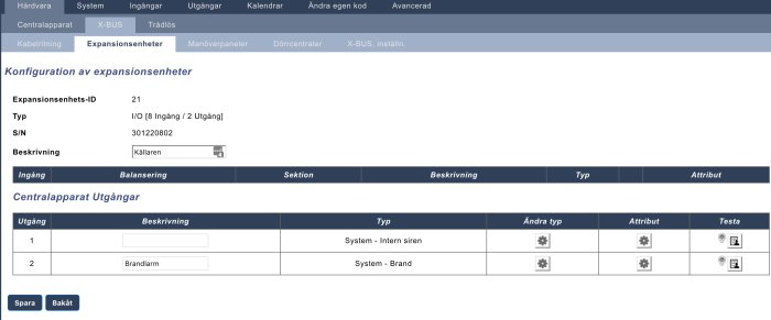 Skärmdump av expansionsenhetskonfiguration utan synliga ingångar på ett övervakningssystem.