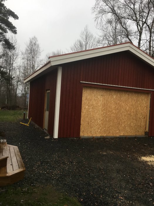 Byggnad med röda plankor nästan färdigställd, oskyddad dörröppning och garageport beklädd med plywood.