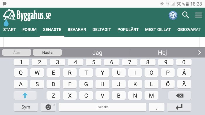 Skärmdump av en mobil webbläsares gränssnitt på Byggahus.se med virtuellt tangentbord.