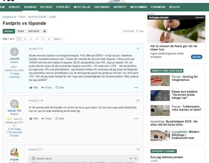 Skärmdump av ett diskussionsforum med en tråd om fastpris jämfört med löpande kostnader för renovering och användarmenyer.