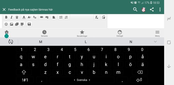 En skärmdump av ett diskussionsforum på en Samsung Galaxy Note 8 som visar ett textinmatningsfält och tangentbord.