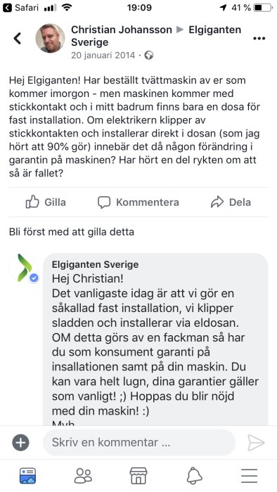 Skärmdump av Facebook-konversation där en användare frågar Elgiganten om garantin på tvättmaskin vid fast installation.