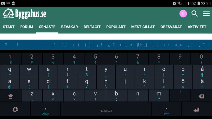 Skärmdump av webbsidan Bygghaus.se med virtuellt tangentbord på en Android-enhet i webbläsaren Opera.