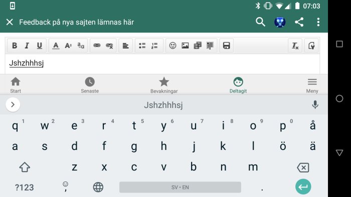 Skärmdump av en Nexus 5X som kör Android 8.1.0 med textinmatning och tangentbord synligt.