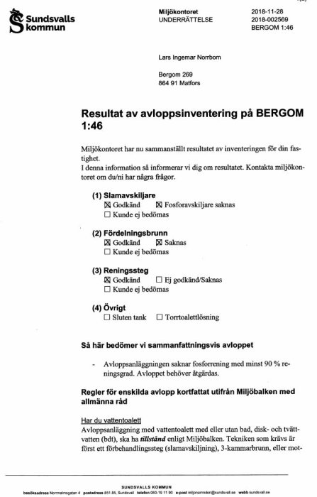 Dokument från miljökontoret med resultat av avloppsinventering och anmärkningar om brist på fosfatrening.