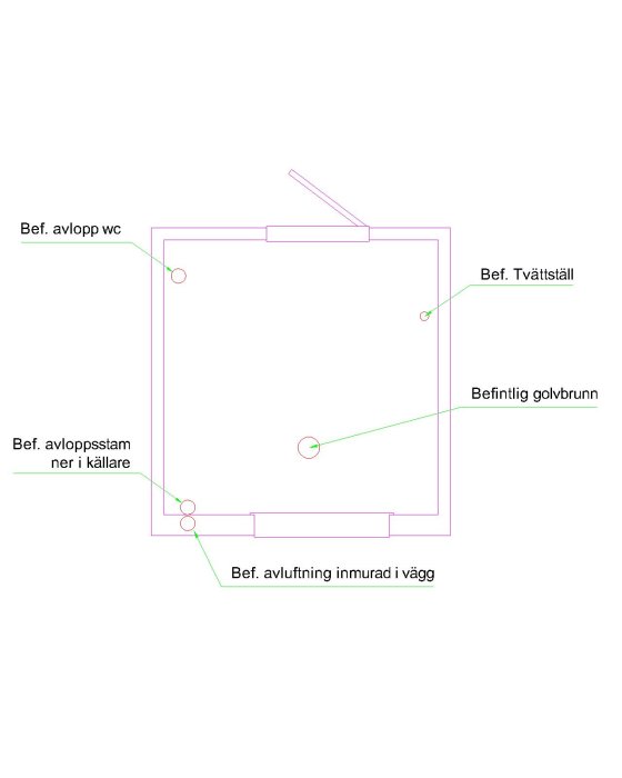 Schematisk ritning av badrumsplan med befintliga avloppsanslutningar för wc, handfat och golvbrunn.