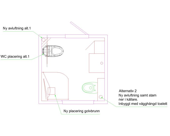 Skiss av badrumsplanering med två alternativ för placering av WC, avlopp och ventilation.