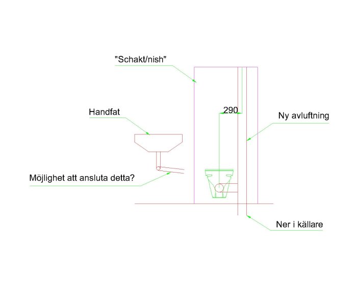 Schematisk ritning av badrum med ny avloppslösning, vägghängd toalett och handfat.