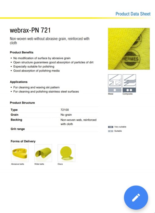 Produktdatablad för polerband 'webrax-PN 721' för bandslip, med icke-vävd väv förstärkt med tyg.
