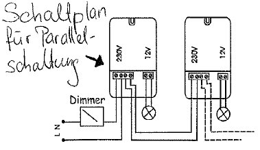 Schema över parallellkoppling med transformator, dimmer och två lampor markerade 230V och 12V.