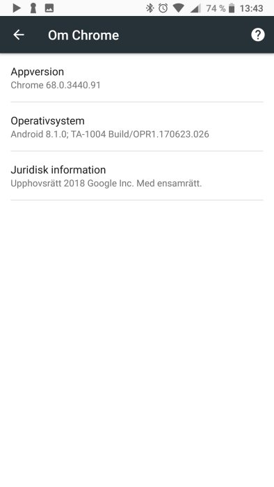 Skärmdump från en Nokia 8 som visar information om Chrome-appen och operativsystemet Android.