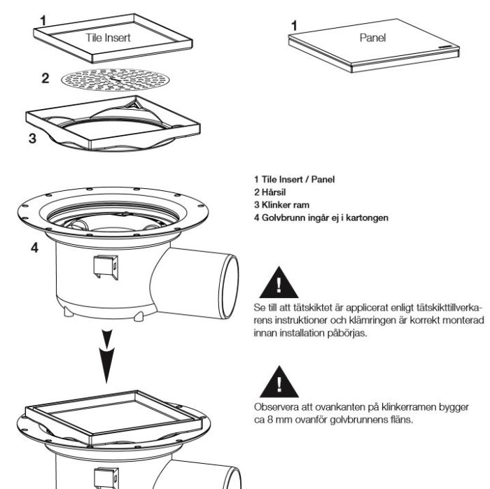 Monteringsanvisning för klinker i duschanläggning, med delar som inkluderar panel, hårdsil och klinkerram omkring en golvrännas konstruktion.