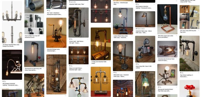 Samlingsbild av olika industriella rörlampor av svarta järnrör i olika konstruktioner och designer.