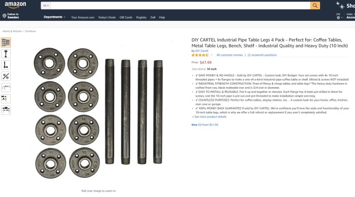 Industriella rörbordsben i metall från DIY Cartel, visar flänsar och gängade rör på Amazon.