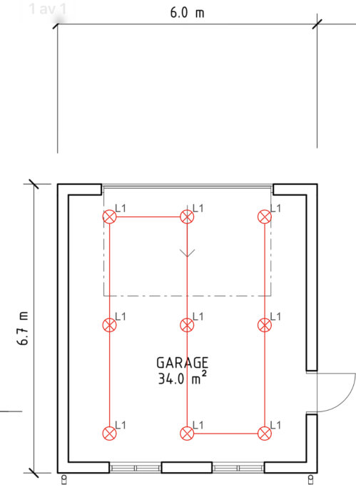 Ritning av en garageinteriör med dimensioner och nio markerade positioner för planerade led-spottar.