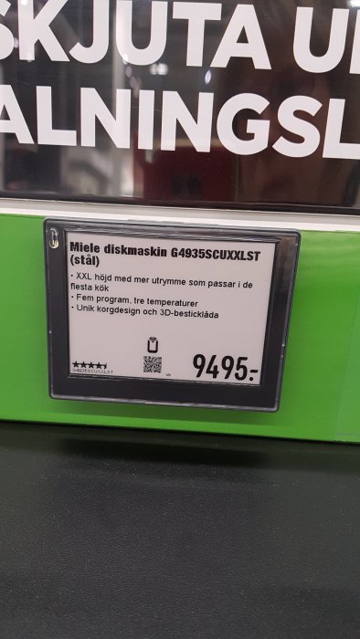 Informationsskylt för Miele diskmaskin G4935SCUXXLST med specifikationer och pris.