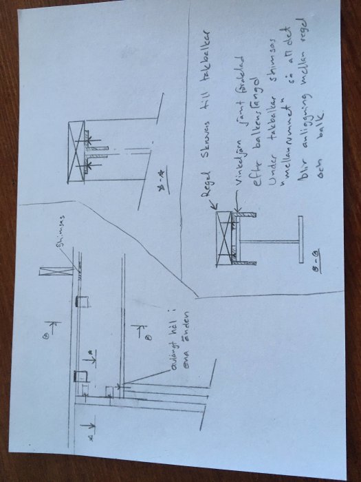 Handritad skiss av balkmontering med stolpstöd, skruvar och vinkeljärn för en byggkonstruktion.