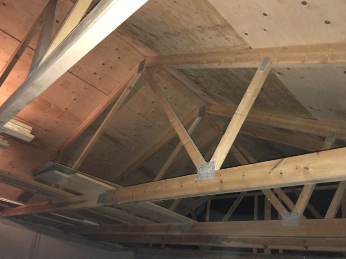 Takstolar med plywoodförstärkning och triangelformade förband i en byggkonstruktion.