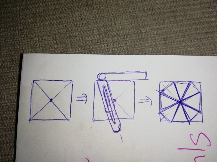 Steg-för-steg illustration av uppritning med diagonaler, användning av smygvinkel, och ritade linjer för att skapa en åttkantig figur.