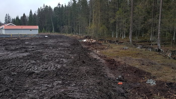 Uppgrävd skogsmark med högar av schaktmassor vid en nybyggd fastighet.