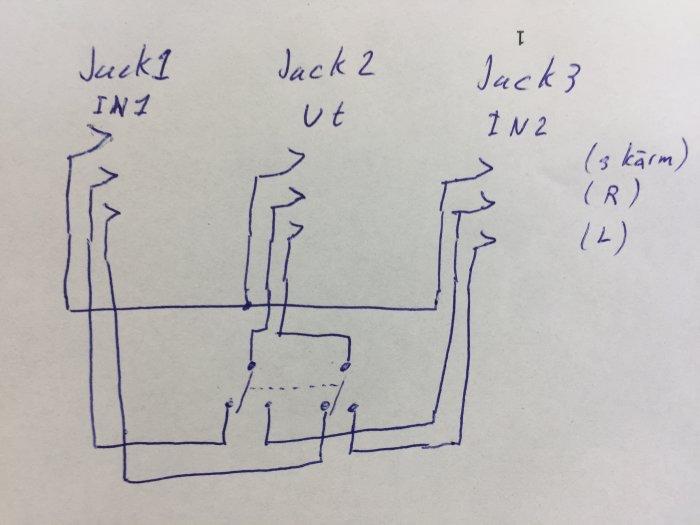 Handritad skiss av en kopplingsschema med tre jackanslutningar och ledningar mellan dem.