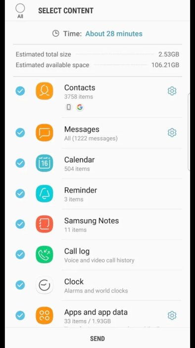 Skärmdump av Samsung Smart Switch app som visar listan över data som kan överföras, inklusive kontakter och meddelanden.
