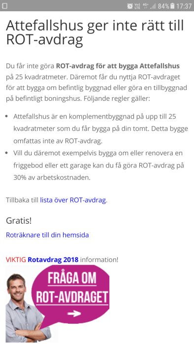 Skärmdump som visar information om att Attefallshus inte ger rätt till ROT-avdrag med grafiska element och text.