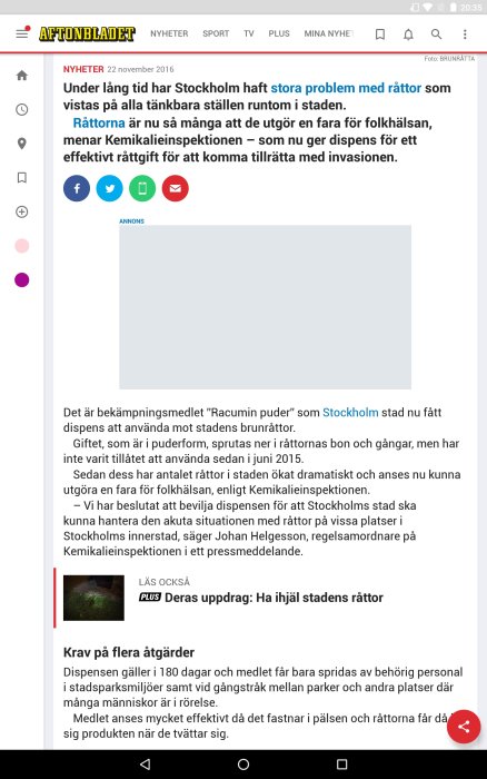 Skärmdump från Aftonbladet med artikel om bekämpningsmedel mot råttor i Stockholm.