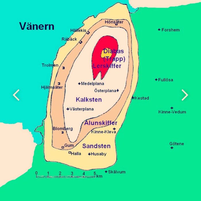 Geologisk karta som visar Vänern och olika bergarter som diabas, lerskiffer, kalksten, alunskiffer och sandsten.