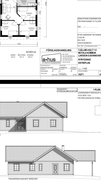 Arkitektritningar av en husfasad och entréplan, inklusive planlösning och byggspecifikationer.