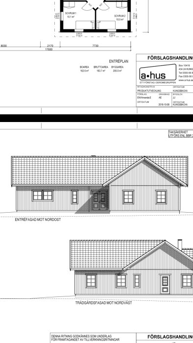 Arkitektritningar av en husfasad med måttangivelser och företagsinformation.