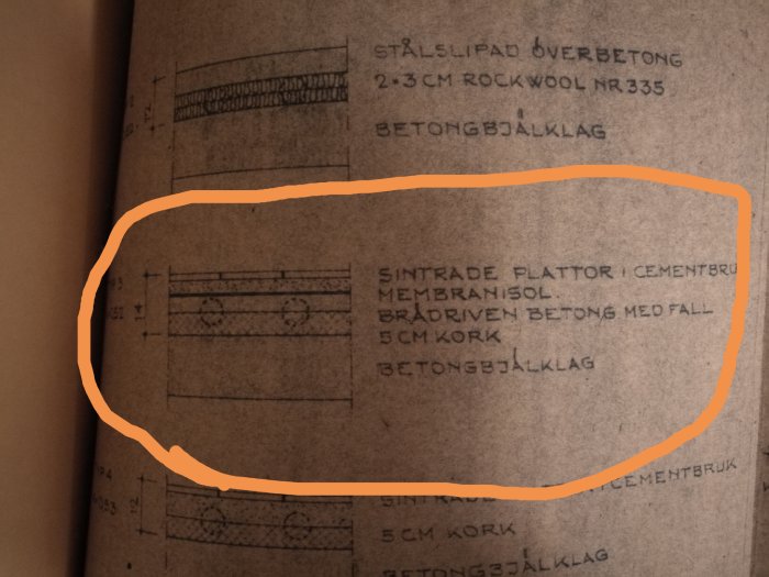 Originalritning som visar uppbyggnaden av ett betonggolv med detaljer som betongvalv, membranisol och korkskikt.