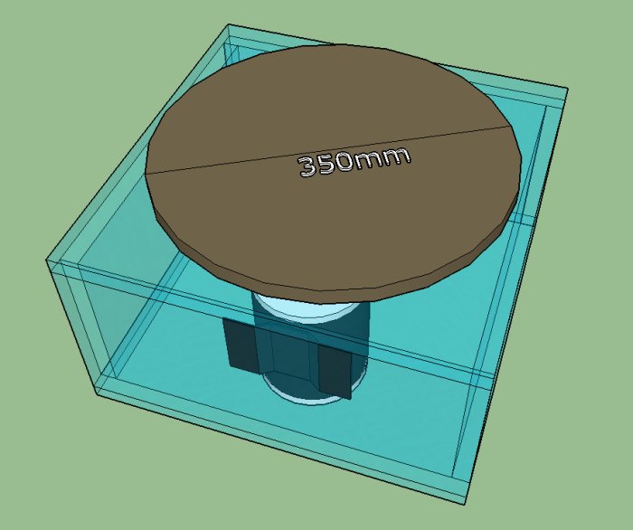 3D-rendering av en design för en roterande plattform med en diameter på 350 mm inuti en genomskinlig låda.