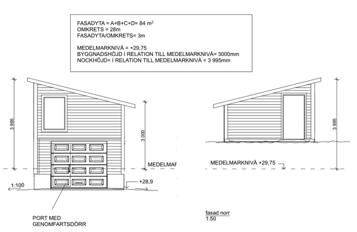 Arkitektritningar av ett garage med måttangivelser, framifrån och från sidan med pulpettak.
