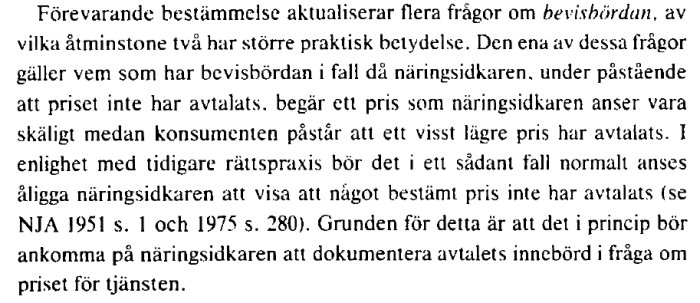 Textutdrag ur juridisk dokumentation som diskuterar bevisbördan och avtal vid fakturering av tjänster.