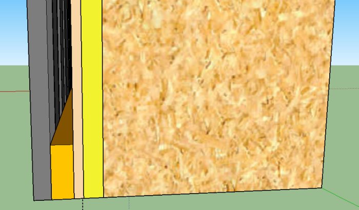 Sektionsvy av en husvägg med flera lager, inklusive panel, läkt, isolering och fasadskiva.