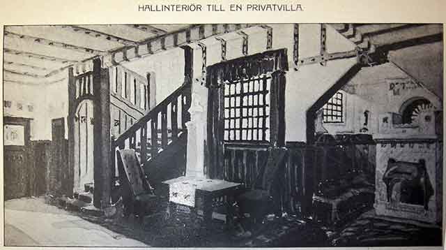 Svartvit bild av hallinteriör i tidigt 1900-tals privatvilla med öppen plan, trappa och pelare.