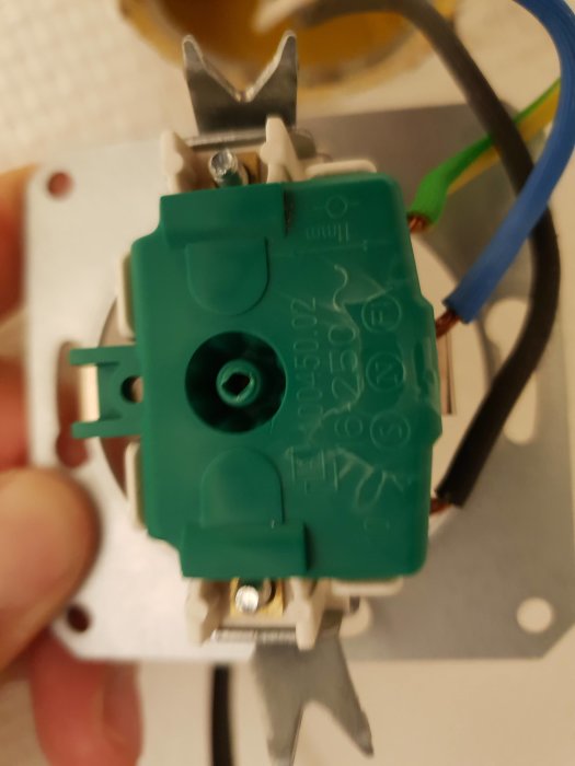 Närbild på en suddig grön elektrisk kopplingsdosa med anslutna trådar, möjlig frågeställning kring installation.