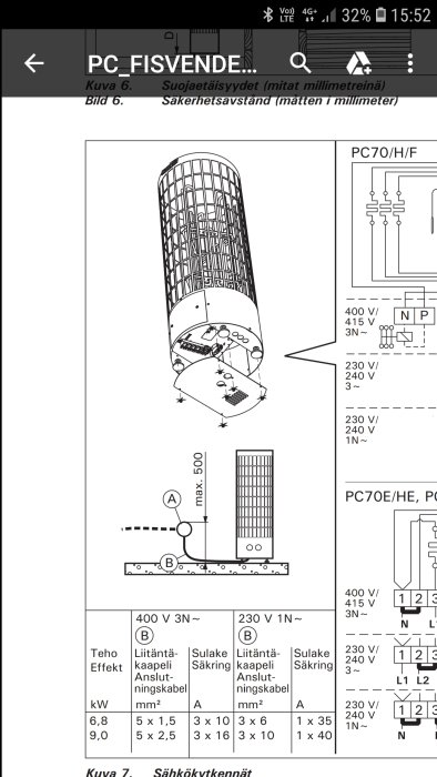 Schematisk illustration av säkerhetsavstånd och elektriska anslutningar från en manual.