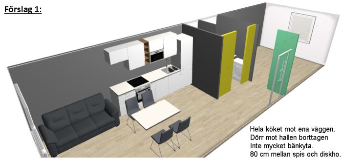 3D-planlösning som visar köksförslag 1 med köksinredning längs en vägg och vardagsrum, gula och gröna väggar markerar ändringar.