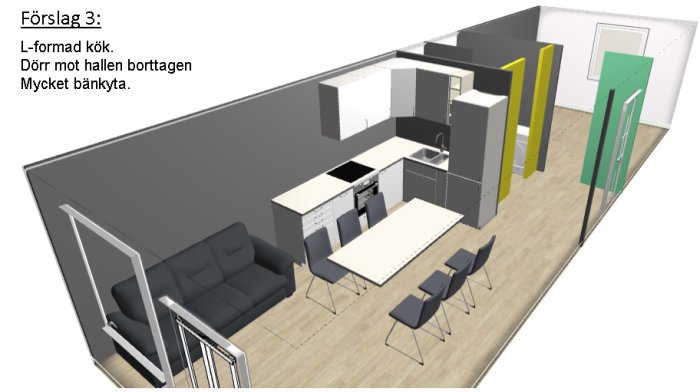 3D-modell av förslag 3 för omdisponering av lägenhet: öppen L-formad kökslayout, större badrum och vidgad hall.